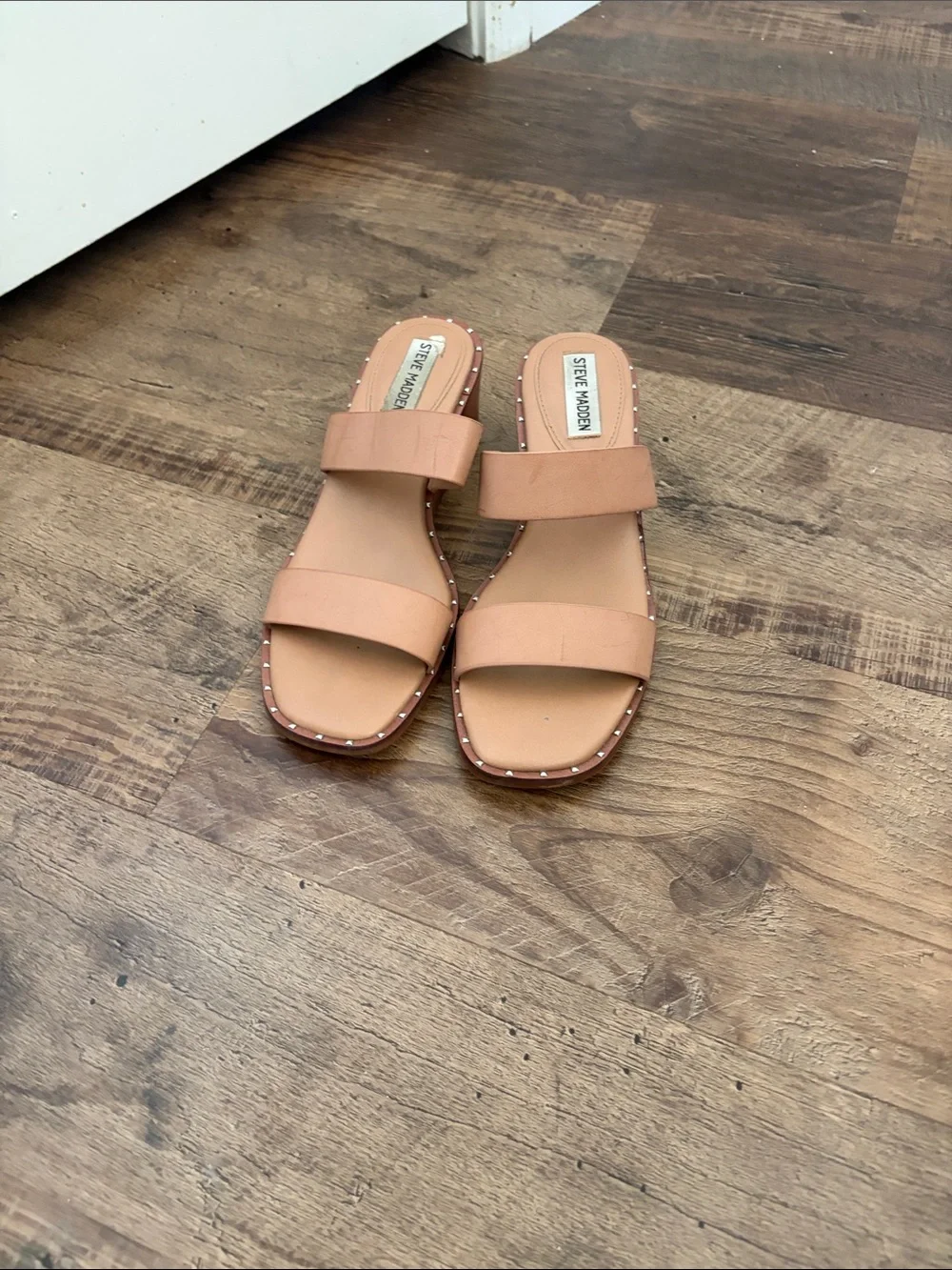 Steve Madden Neutral Tan Two-Strap Stud Slide Sandals - Picture 1 of 1